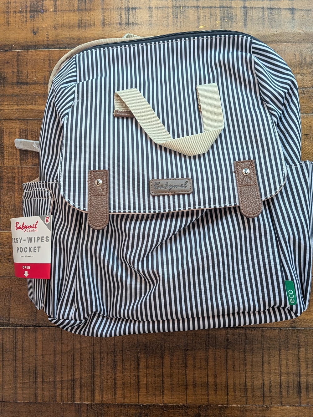 Babymel Navy & White Striped Diaper bag Backpack with Brown Accents, New